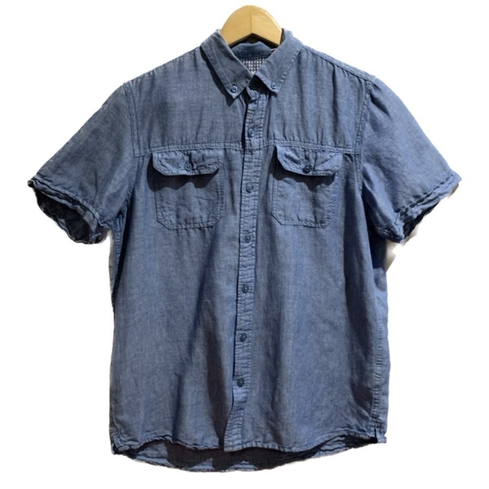Private Member Blue Linen Blend Men's short sleeve casual button up shirt Small